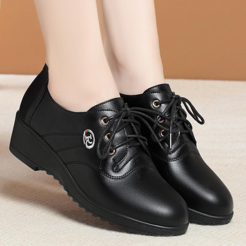 Fashion Spring Autumn Comfortable Non-slip Lace-up Women's Mother Single Shoes Mid-heel Soft Leather Wedge Pump Middle-aged Elderly