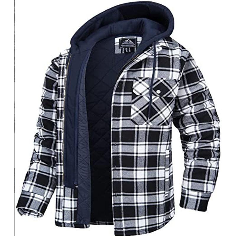 Men's Flannel Shirt Jacket with Removable Hood Plaid Quilted Lined Winter Coats Thick Hoodie Outwear Man Fleece Shirts