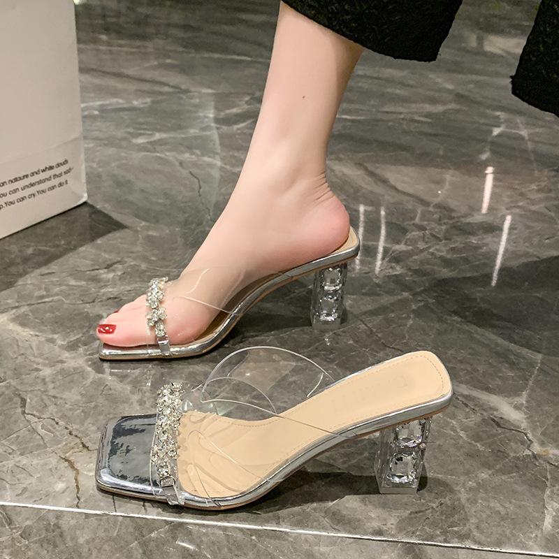 2025 лето новые прозрачные хрустальные и стразовые туфли на высоком каблуке с открытым носком темперамент сотня башен толстый каблук крутые шлепанцы
