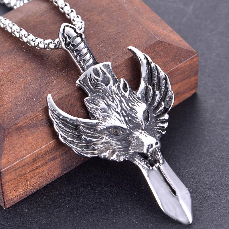 Кулон с головой волка и мечом, винтажное ожерелье, модное мужское ожерелье с преувеличенным крылатым волком