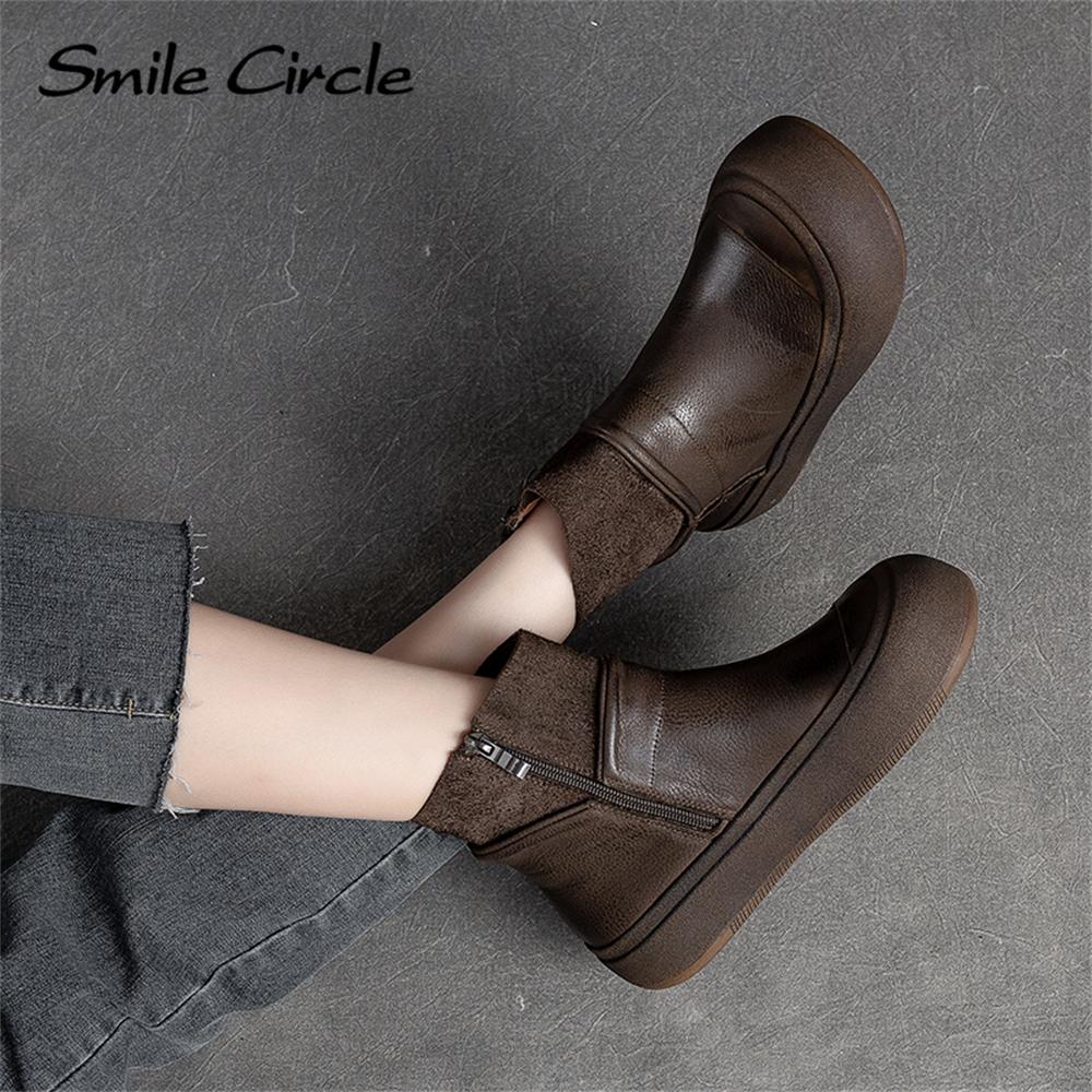 Женские ботинки из натуральной кожи, ботильоны с круглым носком и боковой молнией, модная повседневная обувь на массивном каблуке