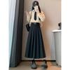 2024 New High Waist Black Woolen Pleated Midi Skirt for Autumn/Winter