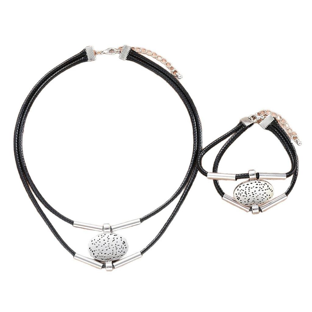 2 шт./компл. винтажный металлический овальный браслет из искусственной кожи с ожерельем для женщин, модный золотой серебряный цвет, двухслойная цепочка, комплекты ювелирных изделий