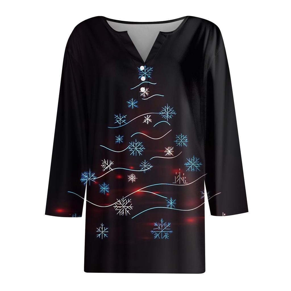 Жен. Футболка Футболка С принтом Пуговицы Рукав 3/4 Повседневные Выходные Мода Классический V-образный вырез Обычный Топ