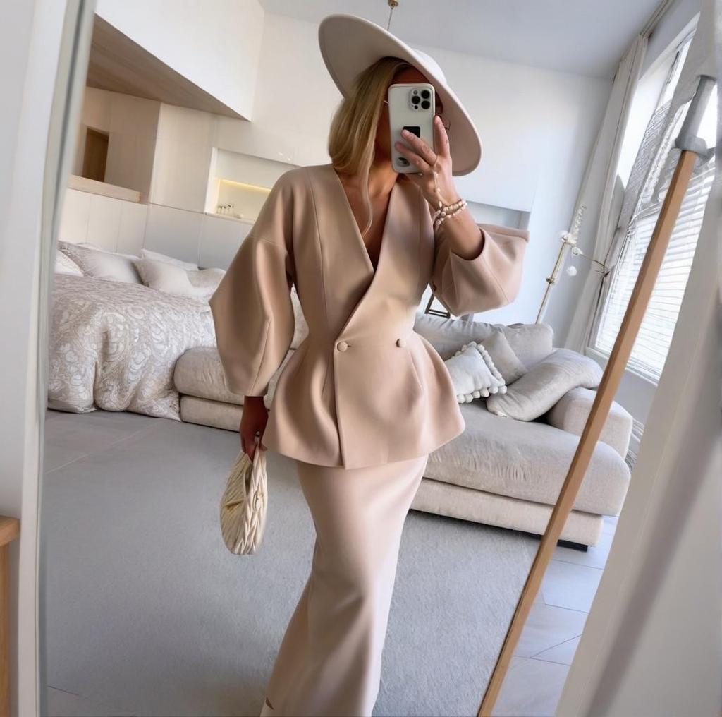 Women's White V-Neck Puff Sleeve Blouse with Slim Fit Skirt Set, Elegant Office Wear