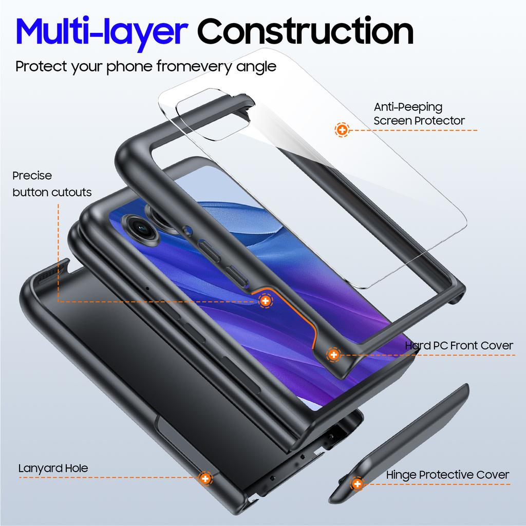 Для Motorola Razr 50 Ultra 2024 С защитой шарнира, Защитное стекло для экрана, Прочный противоударный чехол для всего корпуса с защитой от царапин - Черный