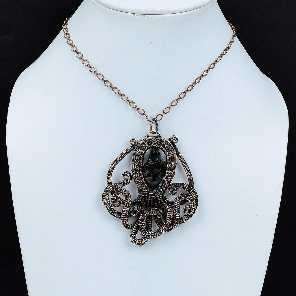 Silver Sheen Obsidian Pendant Copper Wire Wrapped Pendant Handmade Jewelry Gemstone Pendant Copper Wire Jewelry Octopus Pendant Gift For Him