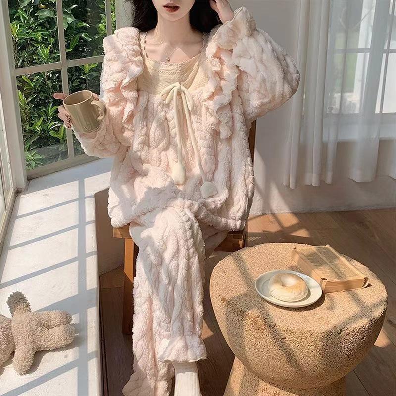 Женский зимний фланелевый пижамный комплект - Милый флис, Теплый, Дизайн с цветочным кружевом