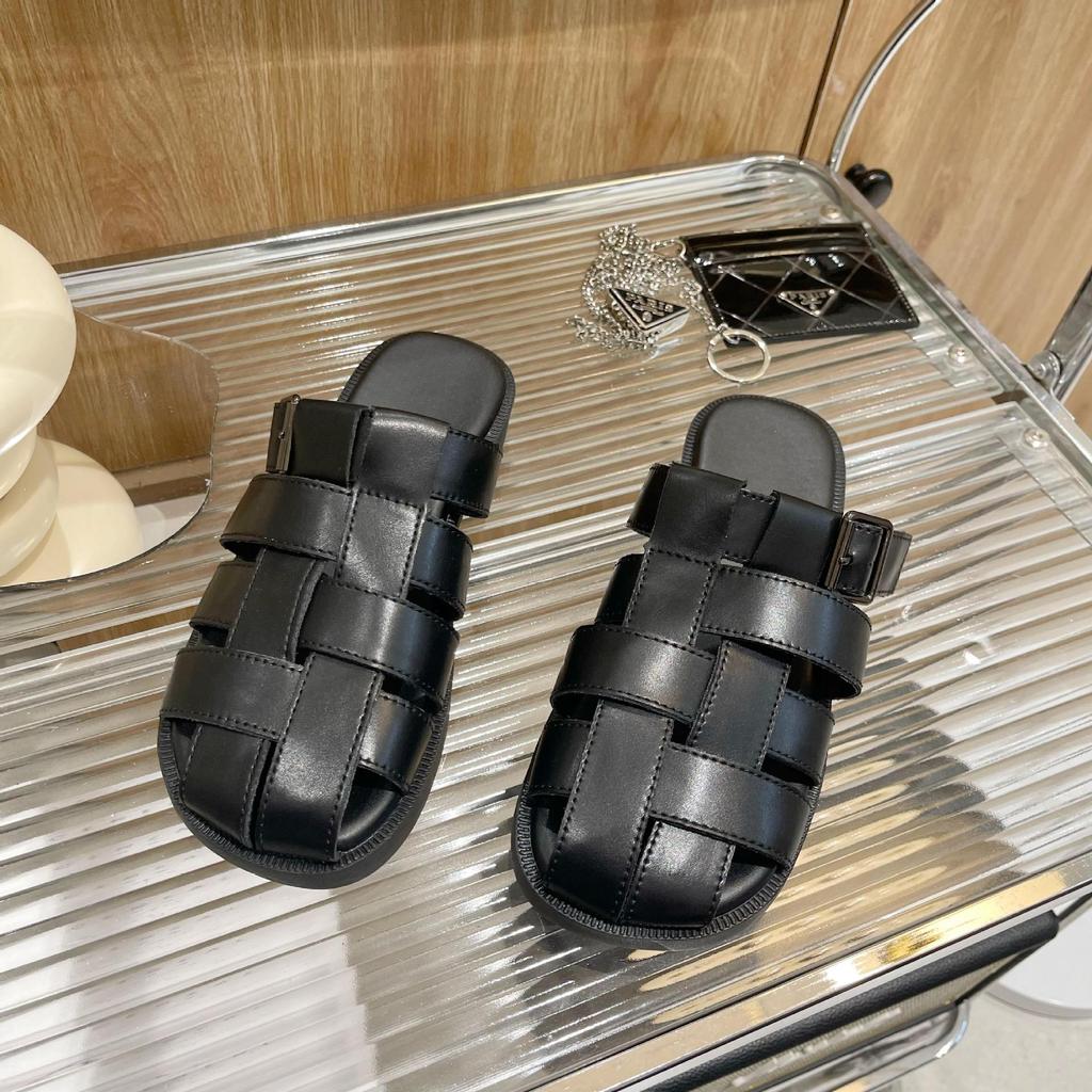 Retro Women Genuine Leather Mules Round Toe Flat Sandals Buckle Slippers Ladies Fashion Casual Shoes Summer