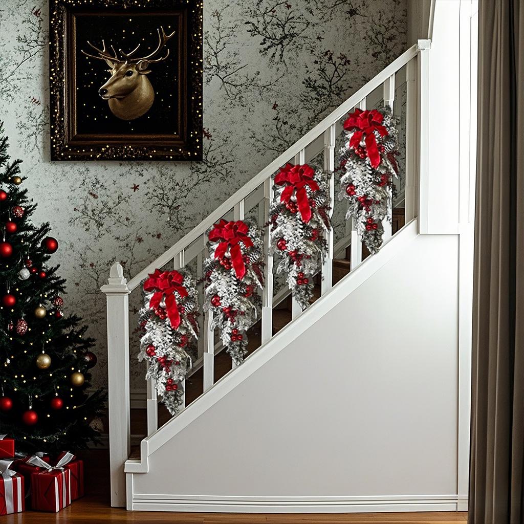 1pc Artifical Christmas Teardrop Swag for Front Door, Christmas Garlands with Christmas Ball Red Berry Pine Cone Rustic Garland for Xmas Home Decor