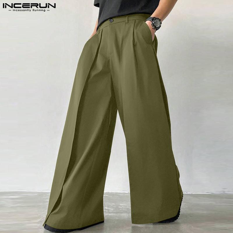 INCERUN Мужские брюки на молнии, эластичные, с высокой талией, повседневные длинные брюки с широкими штанинами