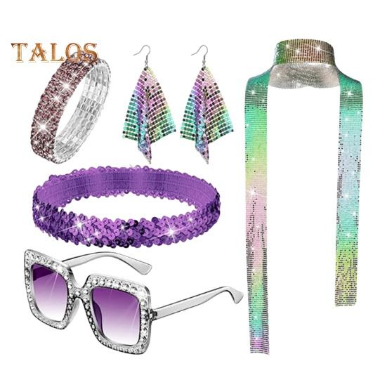 5 шт./компл. женский комплект ювелирных изделий с блестками и стразами, декор в винтажном стиле 60-х 70-х годов, сувениры для дискотеки, косплей, серьги, солнцезащитные очки, браслет, повязка на голову, шарф, комплект