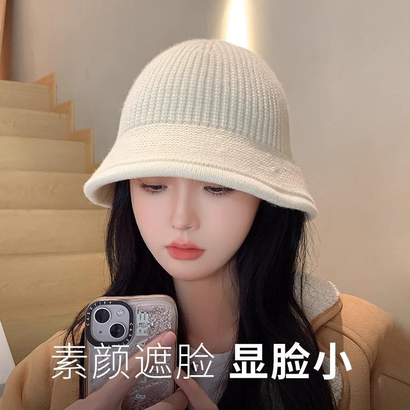 Women S Solid Knit Bucket Hat Korean Style Versatile Face Slimming Winter Hat