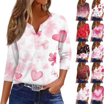 Жен. Футболка Футболка С принтом Пуговицы Рукав 3/4Ежедневно Выходные Мода Классический Топ с v-образным вырезом Обычный