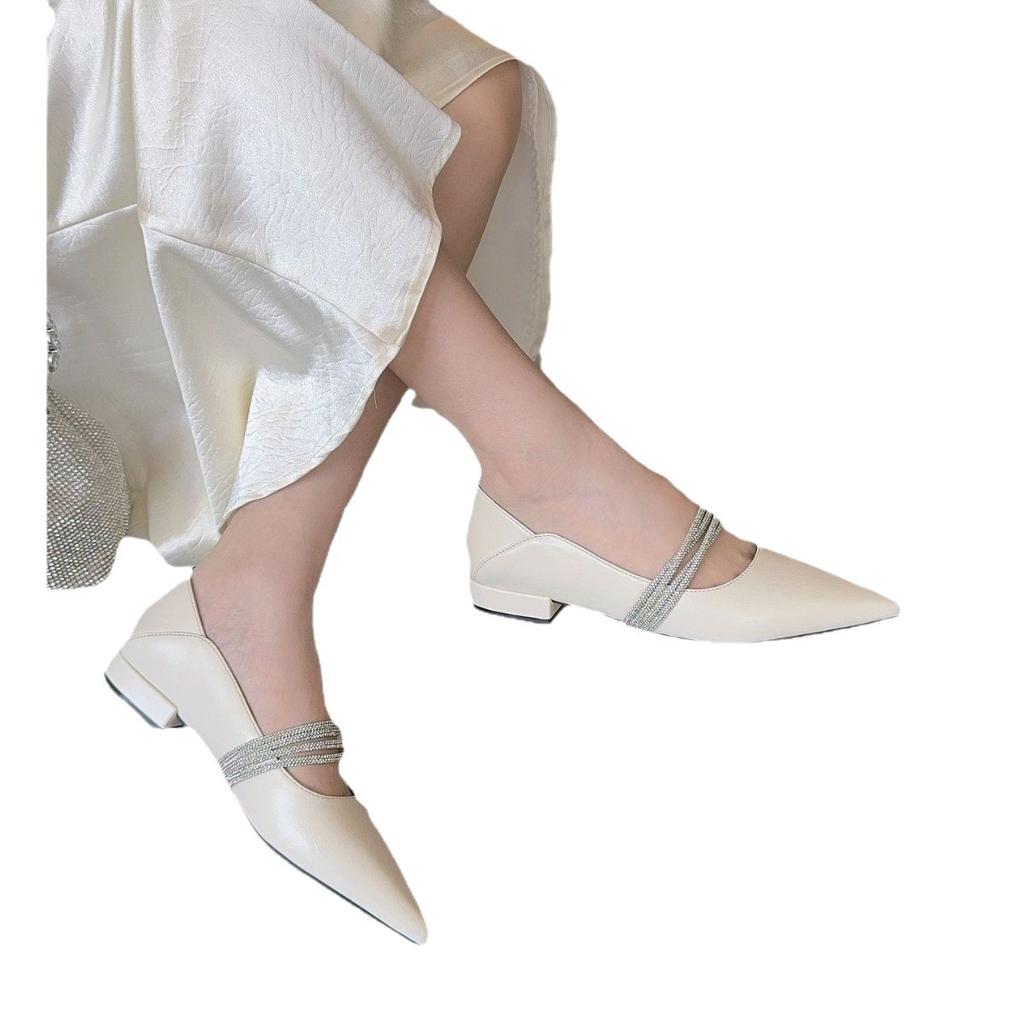 Европейская станция заостренные женские туфли 25 осень коровья кожа мелкий вырез с бриллиантами маленькая женская сумка голова плоские сандалии леди стиль мода