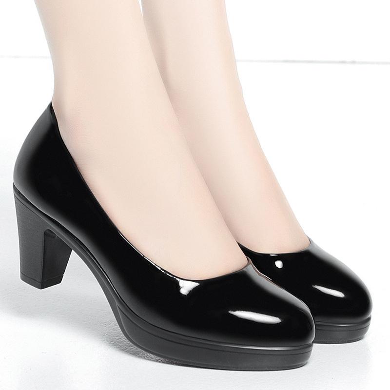 Women Shallow Mouth Single Shoes Round Toe Thick Sole Non-slip Black Thick High Heel Work Shoes