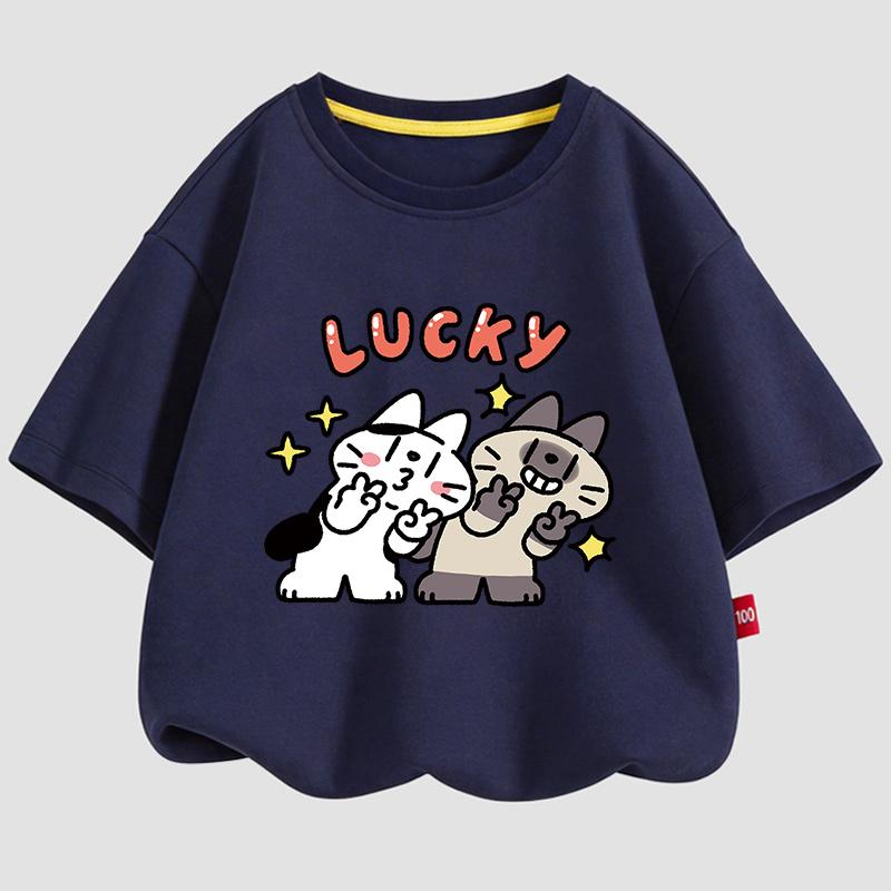 Lucky Cat Pattern Kids Short Sleeve TShirt 100 Cotton Fashion Daily Clothing Soft Children Tops for 310 Years Boys Girls