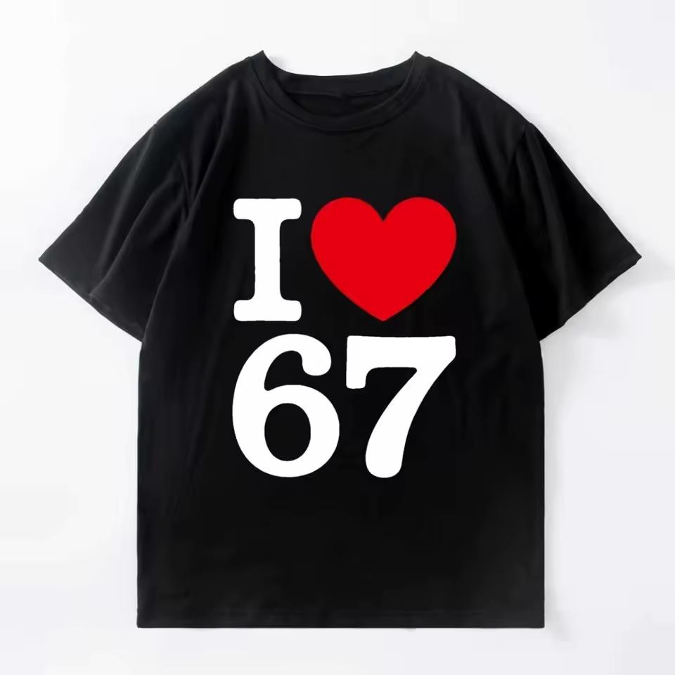 I Love 67 Red Heart Number Graphic T Shirt Men Women Viral Meme Print Summer Ins Couple Matching Cotton Short Sleeve Tee Tops