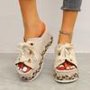 Summer Wedge Block Color-block Woven Slippers Women's Straw Lace-up Heeled Sandals
