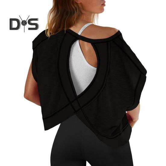 Женская беговая футболка с круглым вырезом и коротким рукавом, открытая спина, спортивный топ свободного кроя, однотонные повседневные топы для спортзала