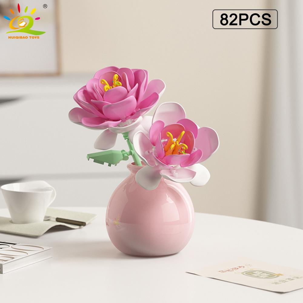 Huiqibao Moc Flower With Vase Model Building Block Diy Eternal Bouquet Home Desk Desk Plant Decor Brick Girl Gift Children Toy