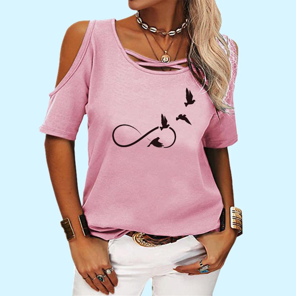 Женская модная футболка с коротким рукавом, круглым воротом и открытыми плечами, женская повседневная футболка с принтом