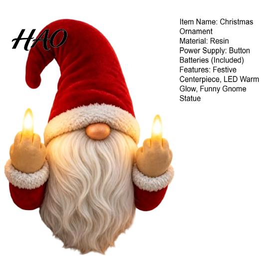 Gnome Statue for Shelf Lighted Ornament, Christmas with Light Up Middle Fingers, Tabletop Holiday Decoration Display or Wall Hanging, Funny