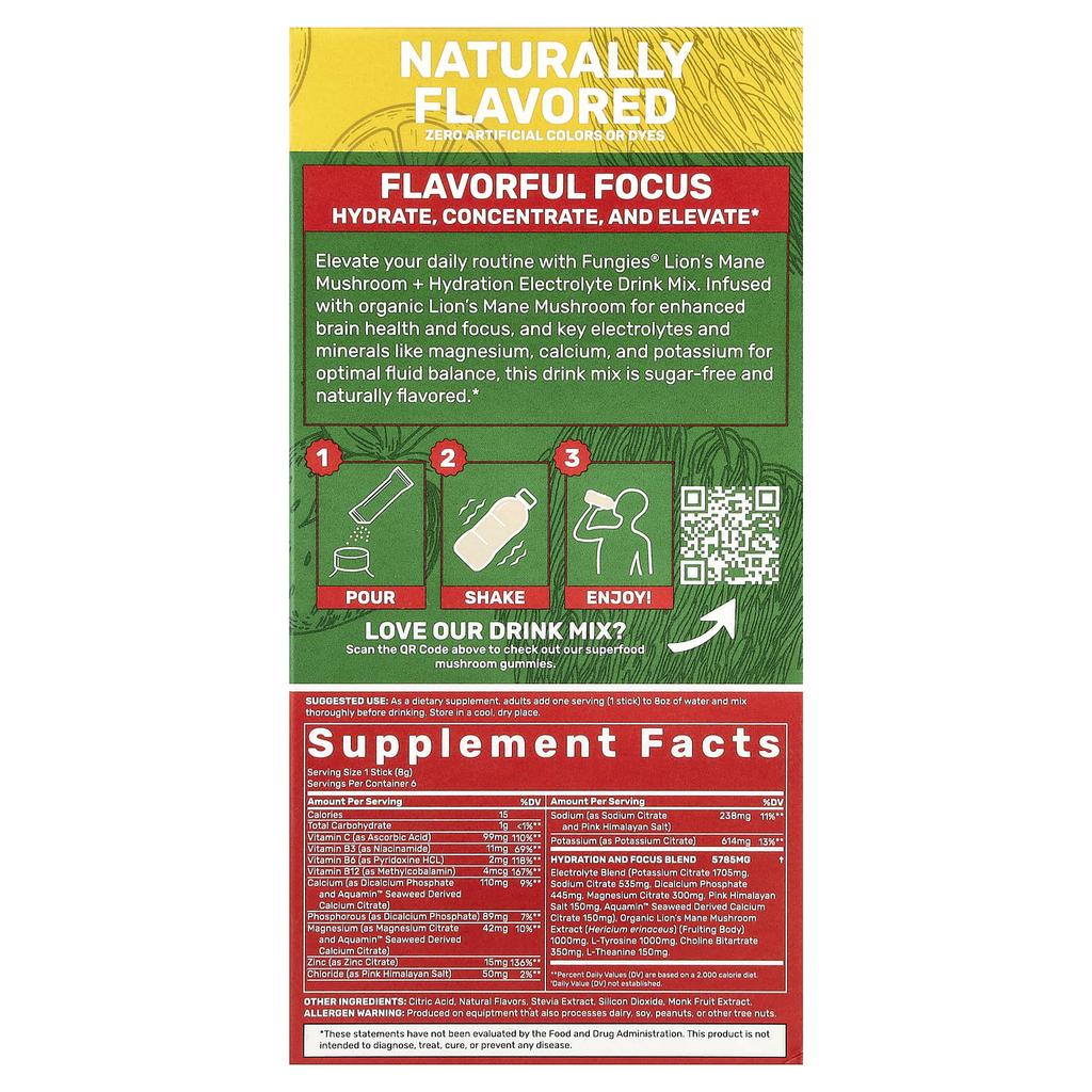 Fungies Гриб рейши + увлажнение, электролитный напиток, клубничный лимонад, 6 пакетиков-стиков, 8 г (0,28 унции) Каждый