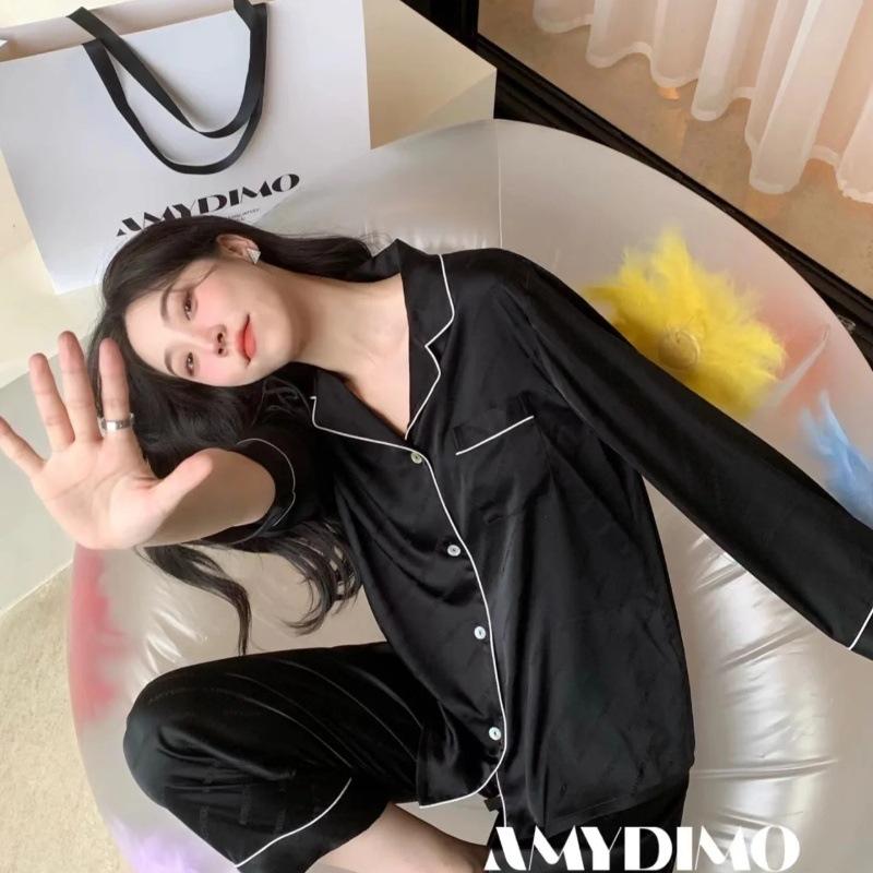 New silky slippery can go out ice silk solid color high-end loungewear pajamas autumn men's and women's long-sleeved two-piece set