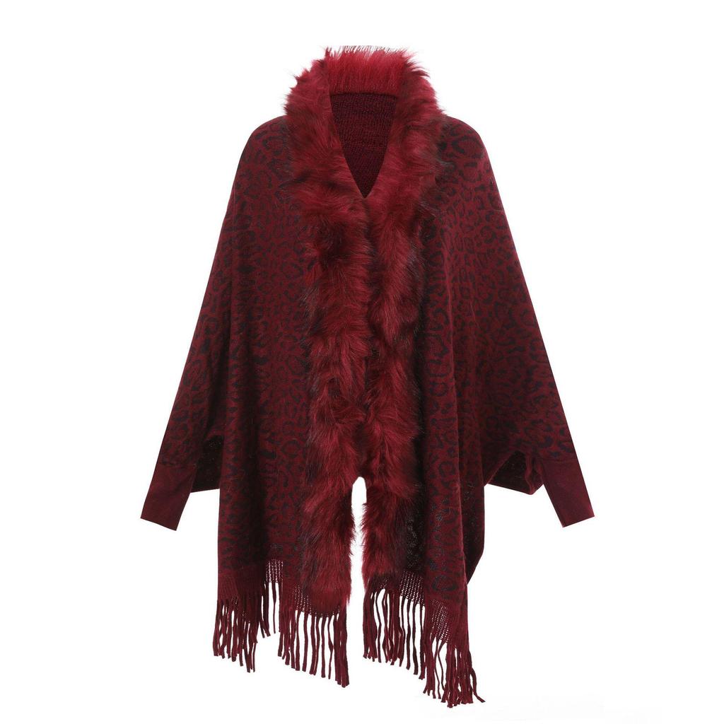 Шерстяное трикотажное пальто-шаль с леопардовым меховым воротником для женщин