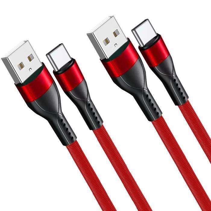 Lot de 2 Câble USB-C Rapide pour Samsung Galaxy A56 A55 A25 A15 A05s A35 S24 Ultra S24 FE - 1M Rouge Nylon Tressé