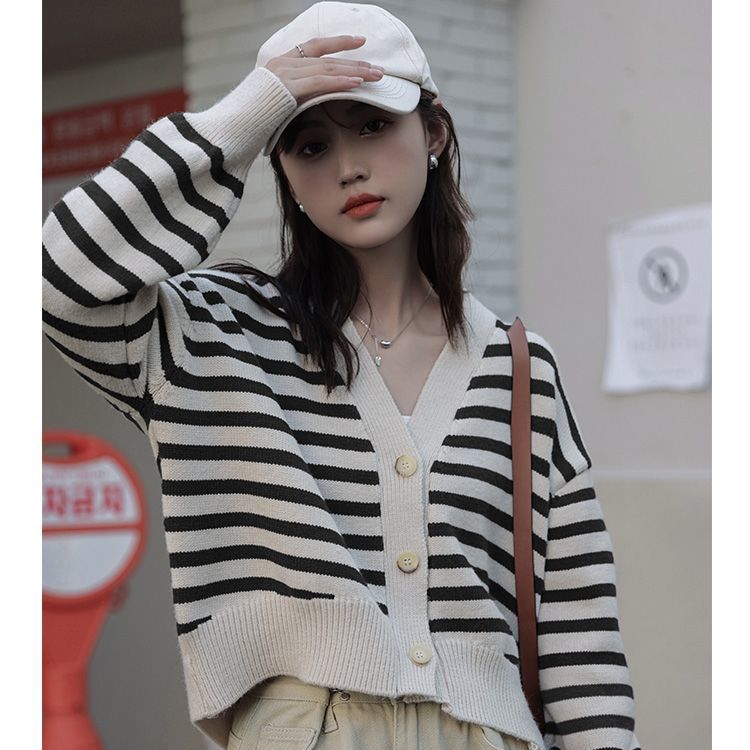 Полосатый вязаный кардиган, женский топ, осень 2023, новый маленький ароматный свободный короткий дизайн, свитер, кардиган, женское пальто