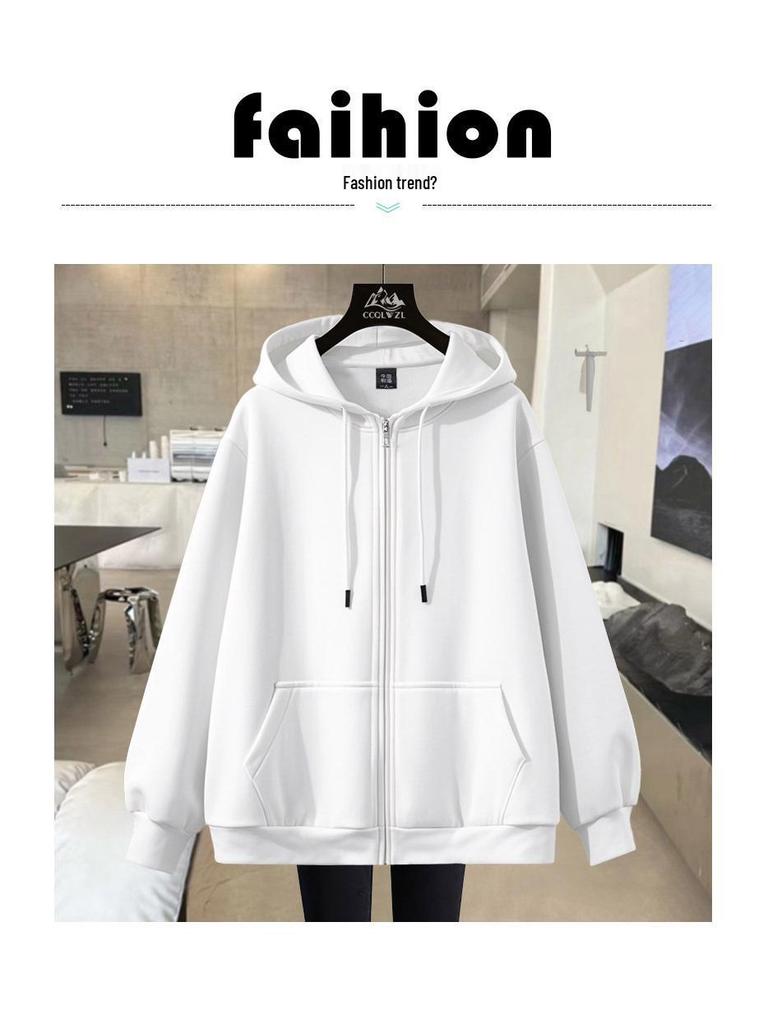 Fleece-Lined Cardigan Hoodie for Autumn/Winter - Loose Fit Sporty Style with Zipper