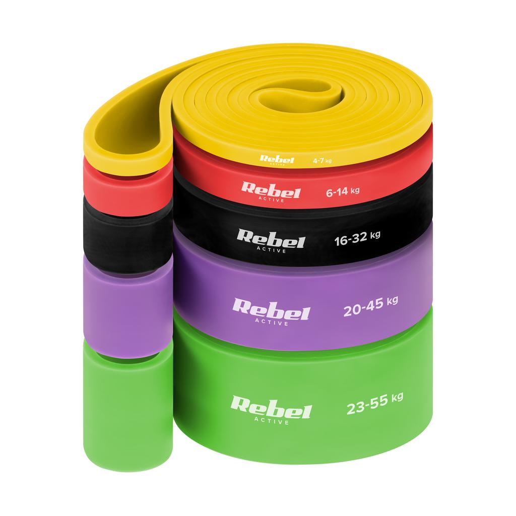 Set Of 5 Power Band Exercise Bands, Fitness Training Resistance Bands, Rebel