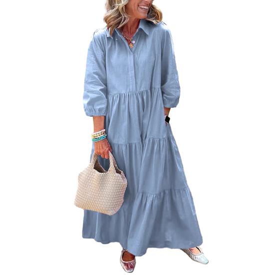 Women's 3/4 Sleeve Maxi Dress Button Up Lapel Swing Dress with Pockets A-line Ruffles Tiered Beach Sundress