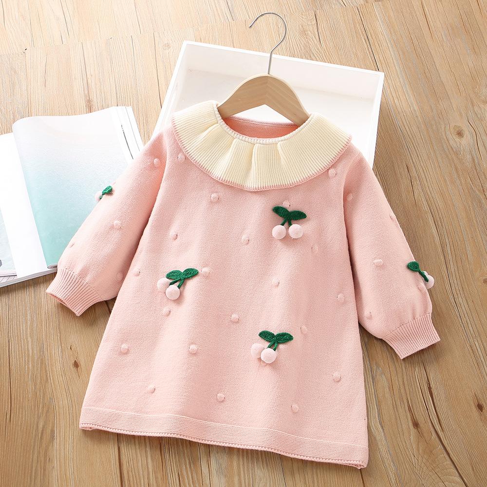 Girls' Knitted Cherry Dress – Long Sleeve Warm Sweater Dress with Ruffled Collar