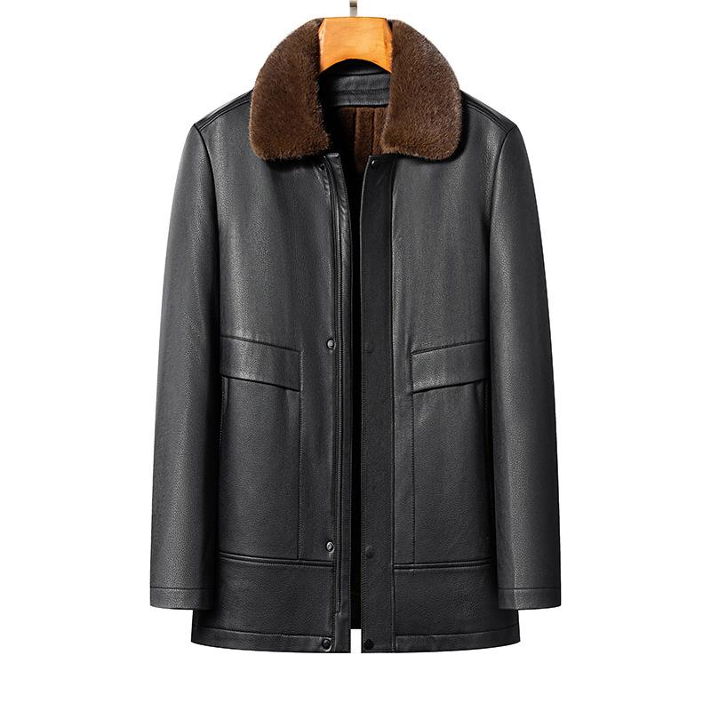 Осень и зима для пожилых людей, кожаная куртка со съемной подкладкой из натуральной кожи, мужская теплая кожаная куртка средней длины с меховым воротником