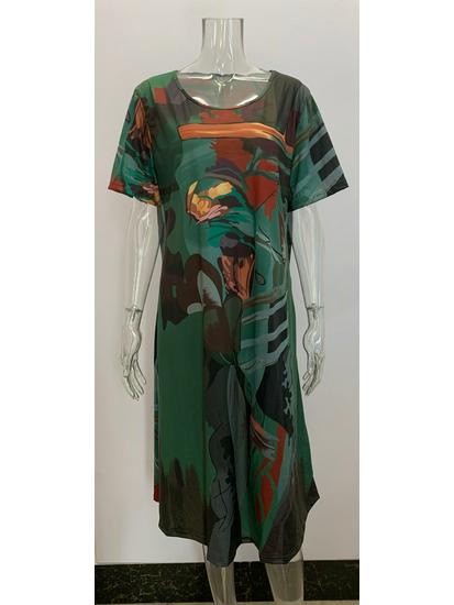 Летнее повседневное платье с принтом в европейском и американском стиле 2023 г.: Пляжная юбка свободного кроя с короткими рукавами, завязывающаяся на талии, с круглым вырезом