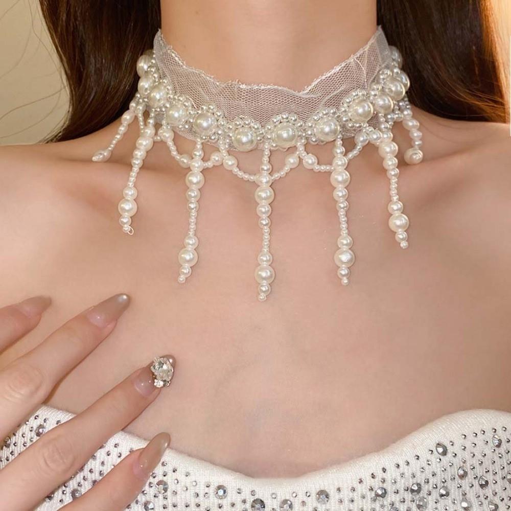 White Tassel Beads Necklace Creative Mesh Neck Jewelry Neck Pendant Pearl Lace Choker Bride