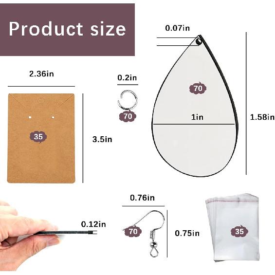 210 pcs Sublimation Earring Teardrop Blanks Bulk Double-Sided MDF Wood 70 Blank Sublimation Earring with 70 Earring Hooks and 70 Jump Rings for