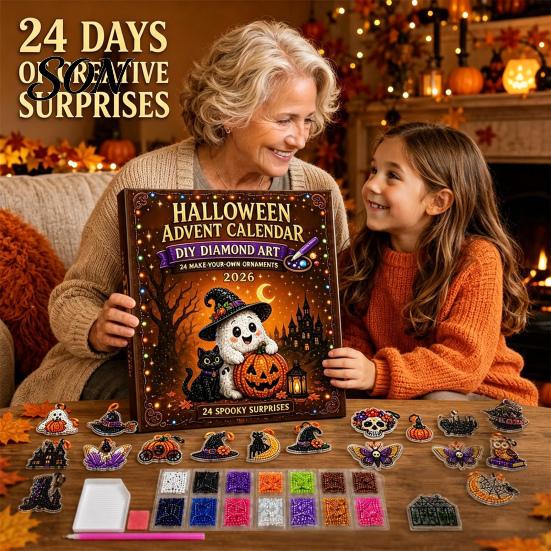 Educational Craft Supplies Halloween Advent Calendar, Faux Diamond Art Kit, 24 Day Countdown, Countdown Calendar for Kids DIY Hanging Ornaments