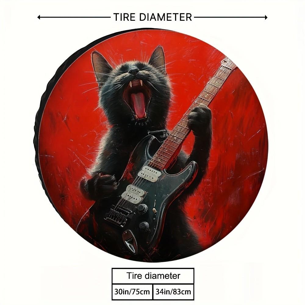 Rock Cat Playing Guitar Tire Cover Versatile Polyester Spare Wheel Protector for Road Trips