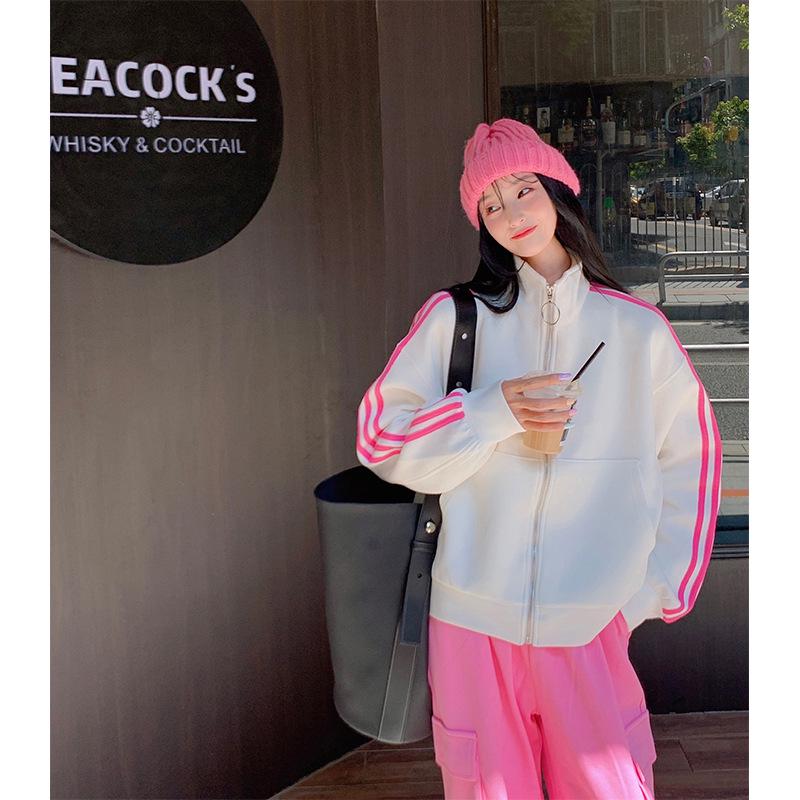 Женская маленькая розовая бейсбольная куртка со стойкой - Спортивная, Повседневная, для весны и осени