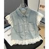 Lace Patchwork Short Denim Vest Women's 2025 Summer New Loose Flying Sleeve Vest Jacket Female