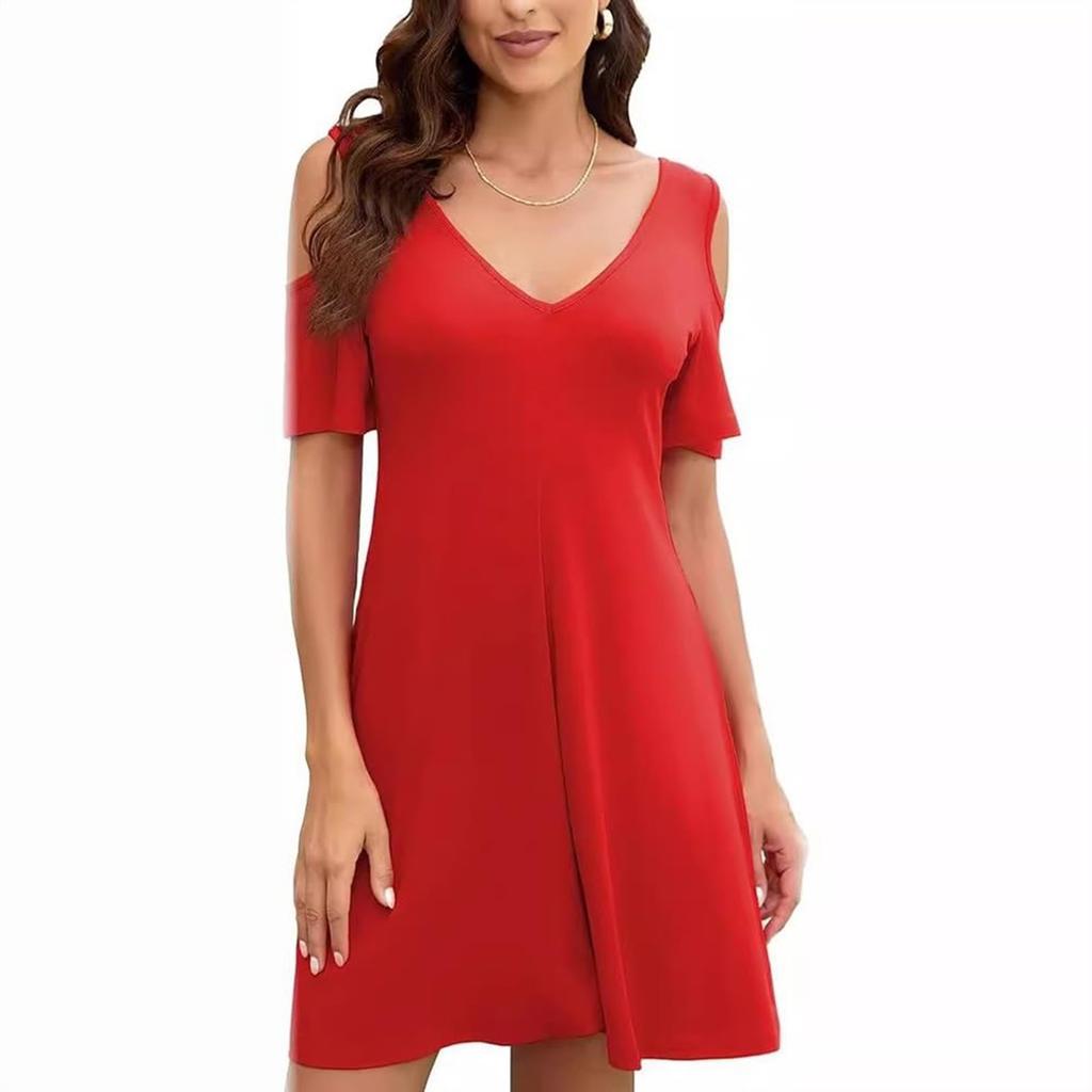 Женская футболка без бретелек с V-образным вырезом и коротким рукавом, летние однотонные повседневные модные платья