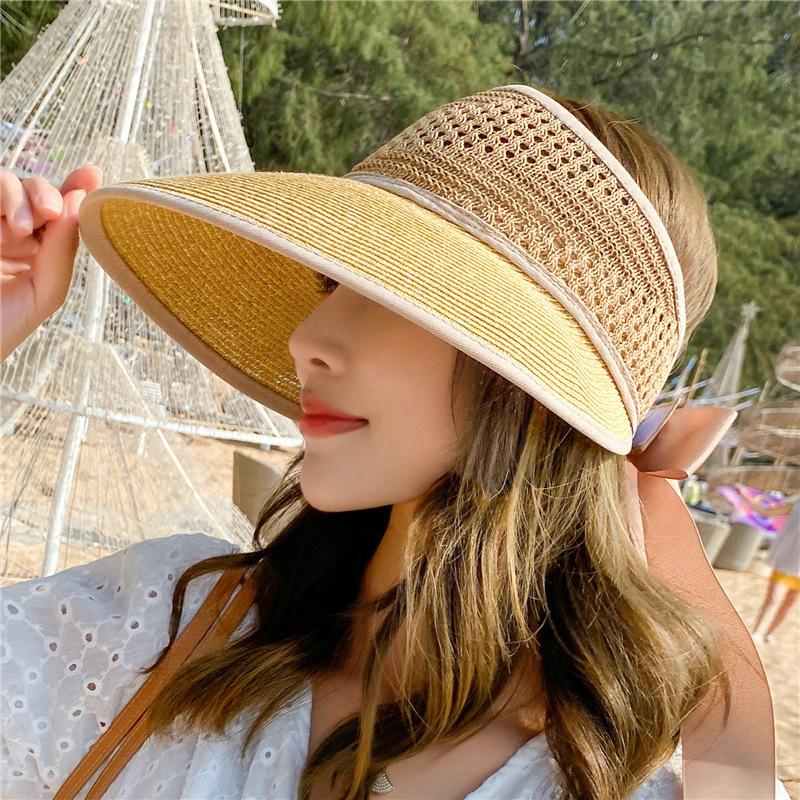New Summer Women Fodable Straw Hats Fashion Bowknot Sun Hat Hollow Out Beach Caps For Female Visor Empty Top Panama Hat