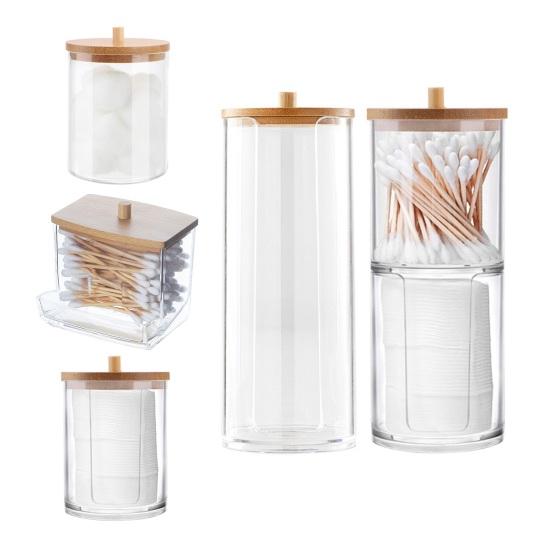 Transparent Storage Box Cotton Swab Organizer with Wooden Lid Large Capacity Dustproof Widely Used Floss Picks Cotton Balls Holder