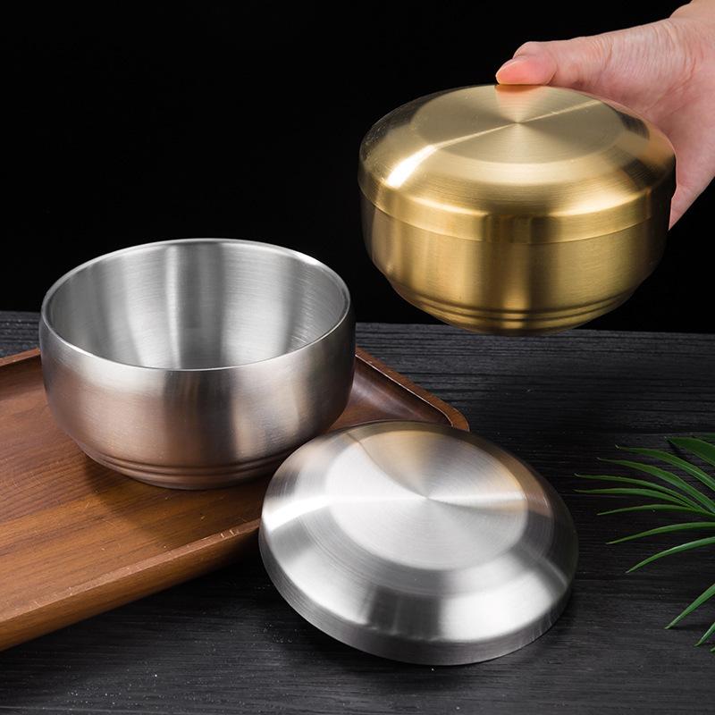 Korean 304 Stainless Steel Rice Bowl with Lid Double-Layer Anti-Scalding Soup Food Serving Bowls Container Kitchen Utensils