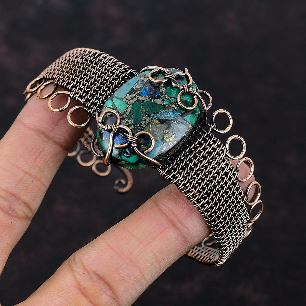 Медный браслет из азурита и малахита, обмотанный медной проволокой, ювелирные изделия ручной работы с драгоценными камнями, регулируемый браслет для подарка, обмотанный медной проволокой, браслет-манжета