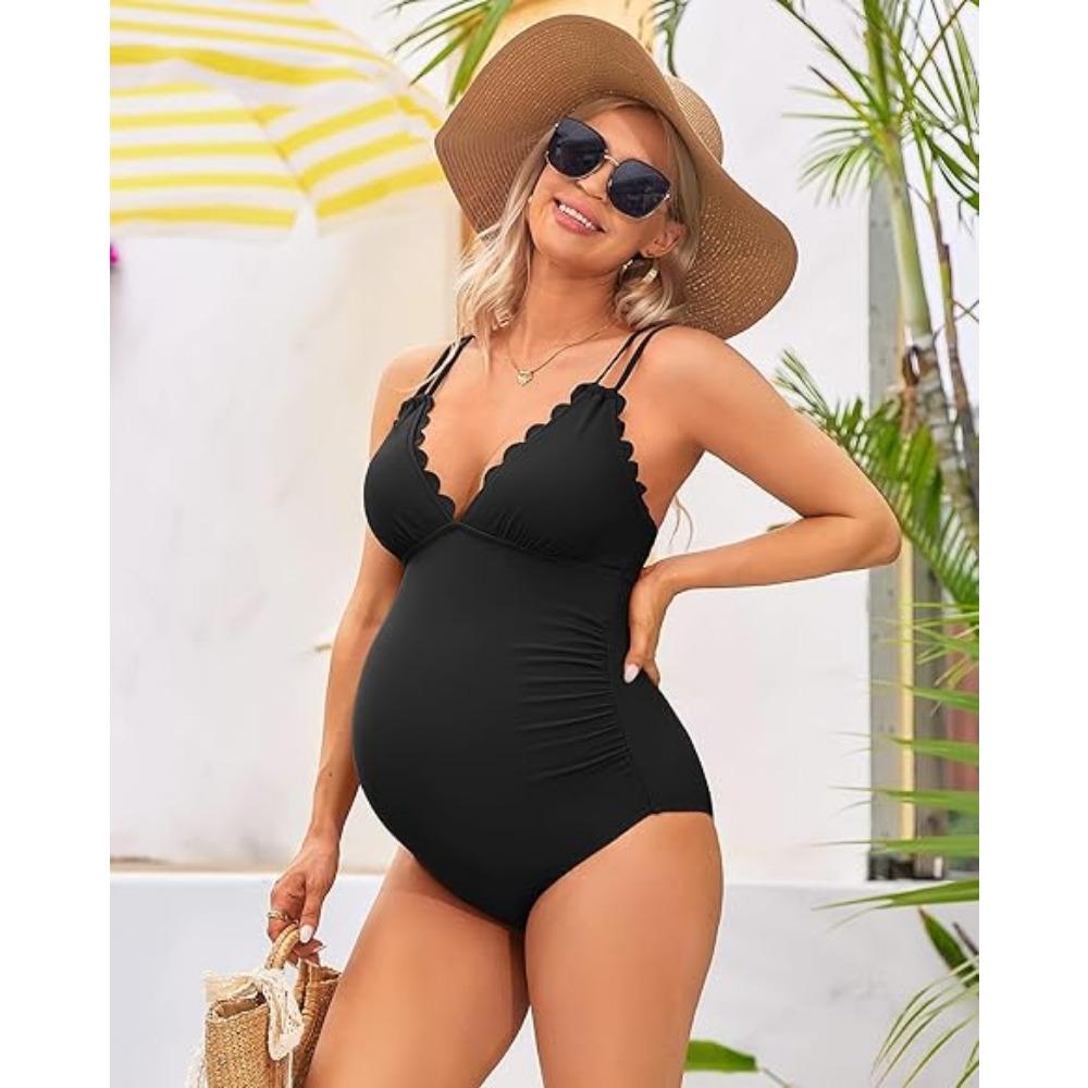 CHARMLEAKS Scallop Trim Maternity Swimsuit One Piece V Neck Pregnancy Bathing Suit Ruched Swimwear Cutout Tie Back